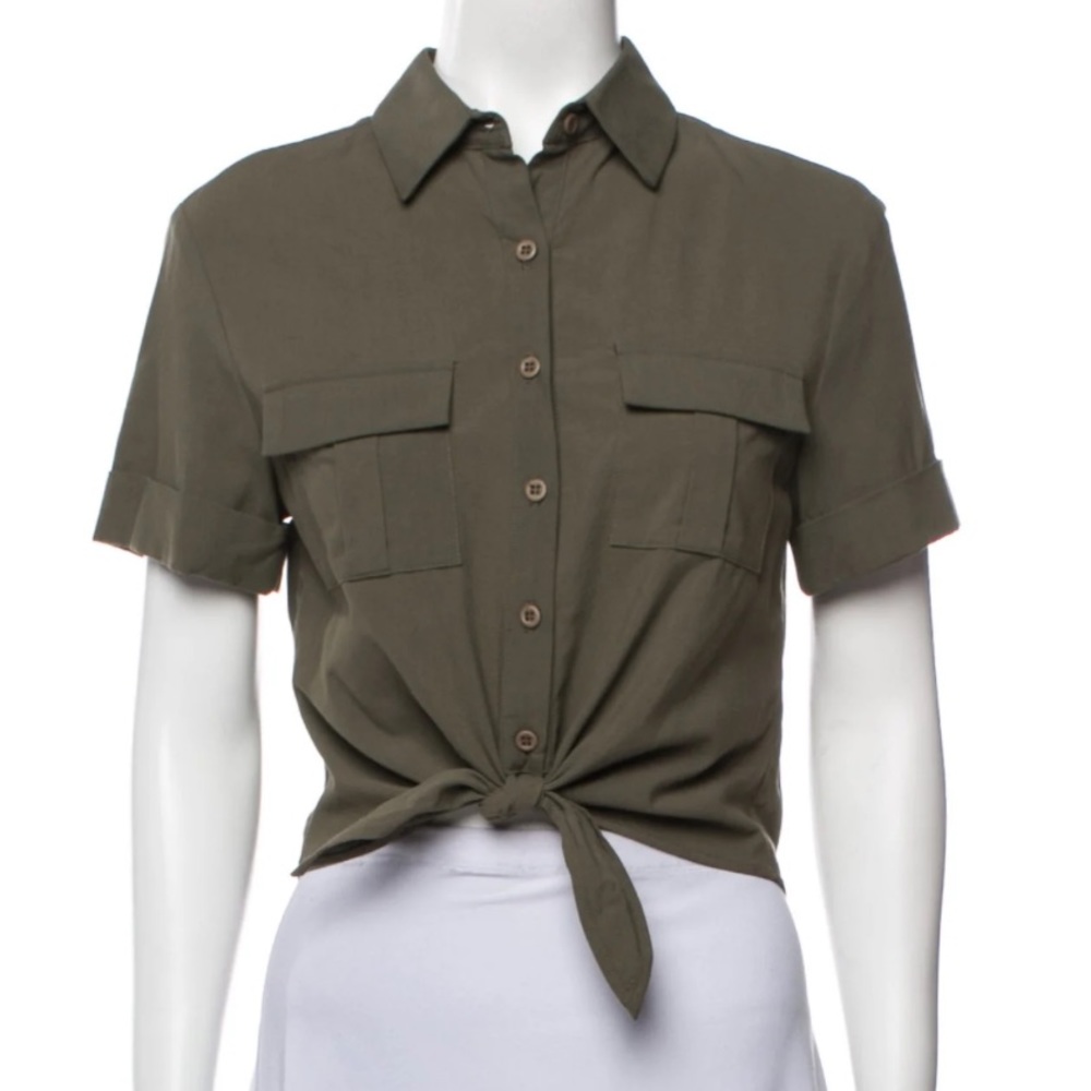 🤍 STAUD Green Bamboo Cotton Tie Front Shirt
